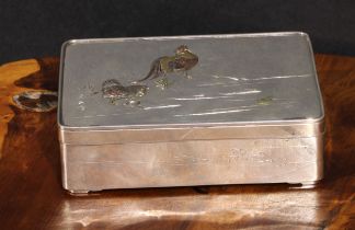 A Japanese silver and mixed metal rounded rectangular box and cover, applied with a cockerel, hen