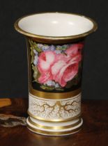 An English porcelain flared cylindrical vase, painted in the Regency taste with roses and gilt