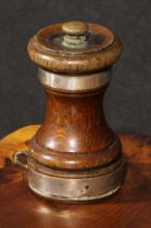 A Victorian silver mounted coopered oak pepper mill or grinder, 9cm high, London 1896