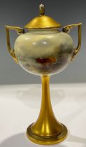 A Royal Worcester pedestal two-handled globular vase and cover, painted by James Stinton, signed,