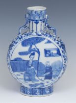 A Chinese moon flask, painted in tones of underglaze blue with a lady of the court and a young boy
