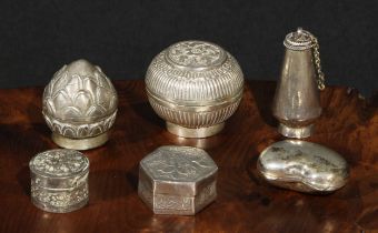 A Tibetan silver domed box and cover, chased with lotus, 5cm diam; a kohl flask; etc (6)