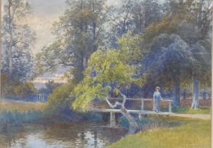Frank Gresley (1855–1936) The Footbridge at Markeaton Park, Derby signed, watercolour, 25cm x 35cm