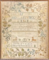 A George III Derbyshire needlework sampler, by Mary Dean, Bolsover, worked in coloured threads