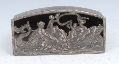 A George V silver bow front trinket box and cover, the pierced openwork cover cast with merfolk