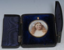 A portrait miniature on ivory, young girl with long ribbon tied hair, blue velvet and satin lined