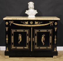 A Napoleon III gilt metal mounted ebonised side cabinet, marble top above a long frieze drawer and a