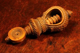 Nutcrackers - a 19th century boxwood screw-action nut cracker, drilled and chip-carved decoration,