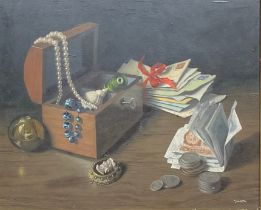 English School (20th century) Still Life, An Allegory, signed Jason?, oil on board, 33.5cm x 41cm