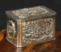 A 19th century elecrotype rounded rectangular tea caddy, cast in bold relief with panels of