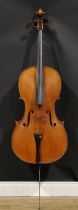 A cello, the two-piece back 77cm excluding button, outlined with purfling, boxwood tuning pegs,