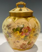 A Royal Worcester Blush Ivory lobed ovoid pot pourri vase and cover, painted with summer flowers