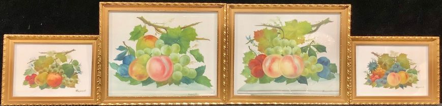 William Rayworth (1852–1908) a pair, Still Lives, Ripe Fruit, signed, watercolour on opaque glass
