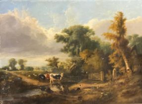 English School (19th century) Cattle Watering, oil on panel, 78.5cm x 106cm