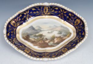 A Bloor Derby Named View navette shaped dish, Vale of Keswick, within gilt harebell leaves, deep