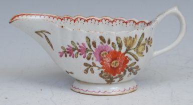 A Bow fluted cream boat, of silver shape, painted in polychrome with flowers, red double-line