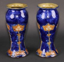 A pair of Art Nouveau Royal Doulton stoneware vases, by Maud Bowden, flocculated cobalt blue