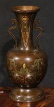 A Japanese brown patinated bronze and mixed metal ovoid vase, in the Chinese archaic taste, inlaid