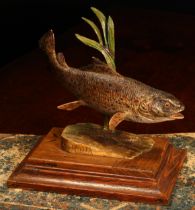 Fishing - A J Miller, a carved and painted sculpture, of a trout, signed, oak base, 12.5cm wide