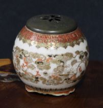 A Japanese satsuma globular koro, painted in the typical palette and picked out in gilt, the