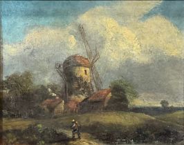 Dutch School (19th century) Figure on a Path, Before a Windmill oil on panel, 19.5cm x 24cm