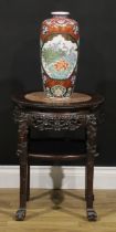 A Chinese hardwood fish bowl or jardiniere stand, circular top with beaded border and inset marble