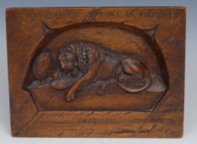 A Black Forest panel, carved after Bertel Thorvaldsen (1770 - 1844) with the Lion of Lucerne, 15cm x