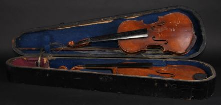 A violin, the two-piece back 33.5cm long excluding button, Stradivarius label, outlined with