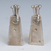 A pair of silver plated novelty toothpick holders, each as a mouse upon a wedge of cheese, 8cm