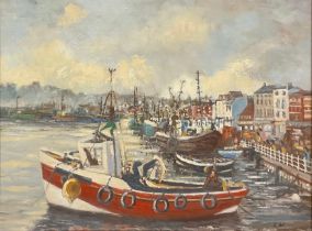 Linda Weir Busy Harbour, signed with initials, oil on board, 33.5cm x 44.5cm