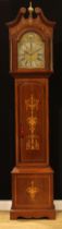 An Edwardian Sheraton Revival satinwood crossbanded mahogany and marquetry musical longcase clock,