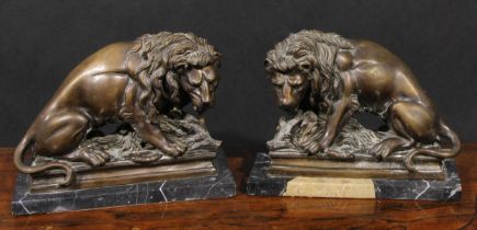 After Antoine-Louis Barye, a pair of bronzes, Lion and Kill, marble bases, 22cm high, 29.5cm wide,