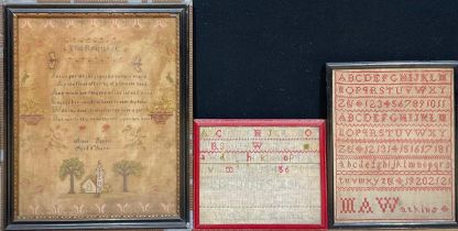 A 19th century needlework sampler, by Annie Parkin, Aged 8 Years, worked in coloured threads with