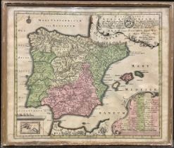 Georg Matthaus Seutter (1678 - 1757), an engraved and coloured two-page map, Spain and Portugal,