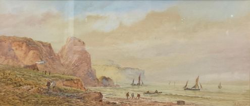 E Lewis (Exhib. 1847 - 1855) Bringing In The Nets, English Coast signed, watercolour, 24cm x 54cm