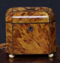 A George III tortoiseshell canted rectangular tea caddy, hinged cover enclosing a pair of lidded