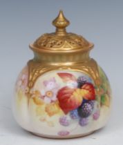 A Royal Worcester lobed ovoid pot pourri vase and cover, painted by Kitty Blake, signed, with ripe