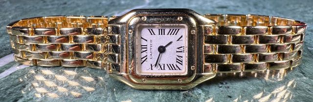 A Cartier 18ct gold lady's wristwatch, square dial, Roman numerals, blued hands, the original 18ct