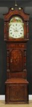 A George III West Midlands oak, mahogany and marquetry longcase clock, 36cm arched painted dial