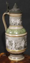 A 19th century German porcelain stein, decorated en grisaille with Diana, Europa and a Classical