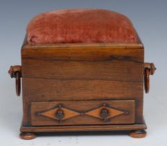 A George IV rosewood sewing companion or work box, pin cushion top, drawer to base, loose-ring