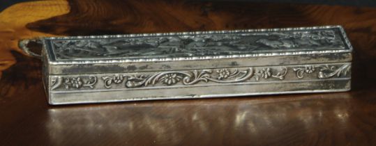 A Dutch silver rectangular snuff box, the hinged cover chased with a courting couple in a pastoral