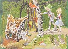Johnstone (20th century) Hansel and Gretel signed, watercolor and gouache, 47.5cm x 65cm
