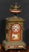 A 19th century French porcelain mounted gilt metal mantel clock, 11.5cm dial inscribed with Roman