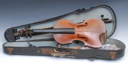 A violin, the two-piece back 36cm excluding button, ebony tuning pegs, outlined with purfling,