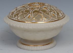 A Graingers Worcester pot pourri vase with integrated cover, gilt lined decoration, 10cm diameter,