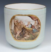 A large Continental porcelain jardiniere, painted in polychrome with The Adoration of the Magi, pale