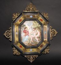 A Naples porcelain canted rectangular plaque, moulded in relief with the angel Raphael appearing