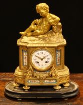 A 19th century French gilt brass mantel clock, Bleu Celeste panels, surmounted with a putto, white