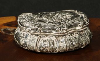 An 19th century continental silver bombe shaped snuff box, chased with scenes from the Trojan war,